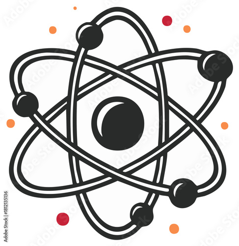 Stylized representation of atomic structure featuring nucleus and orbiting electrons in vector illustration