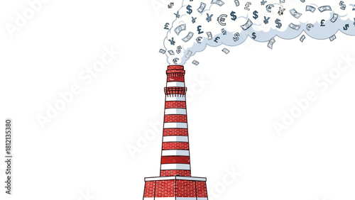 Red and white striped chimney emitting clouds with currency symbols
