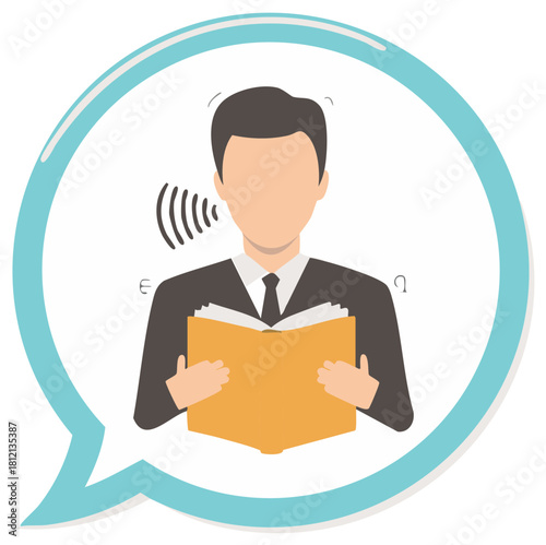 Audiobook concept illustration with a man in a suit reading a book aloud inside a speech bubble
