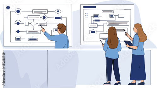 Team analyzing workflow diagrams on a whiteboard during a meeting.