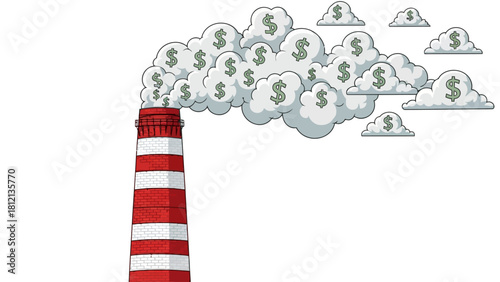 Red and white striped chimney emitting smoke with dollar signs