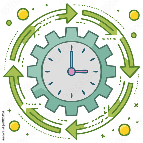 Clock Inside Cog with Arrows Showing Time Management, Cycle, and Work Flow