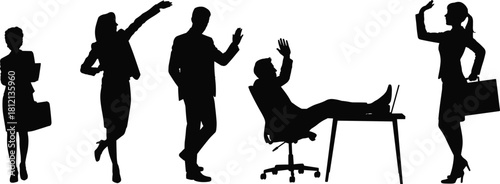 Business people silhouettes waving, greeting and interacting in professional office environment showing communication, teamwork and workplace dynamics