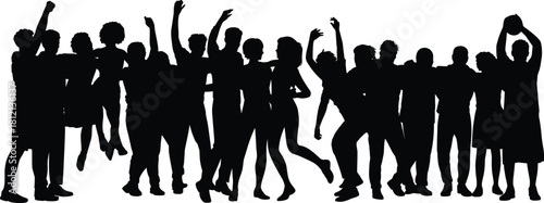 Group of people celebrating together, cheering silhouettes, joyful crowd dancing, unity and friendship illustration, festive party scene