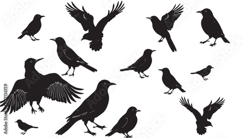 Dramatic silhouette of crows in flight, perfect for adding a touch of mystery or nature to your project, creating a bold, evocative design element