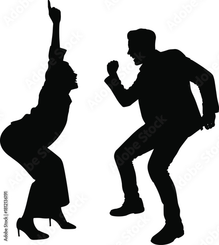 Dancing silhouettes of man and woman celebrating, energetic movement poses, joyful expression, fun party dance illustration, excitement concept