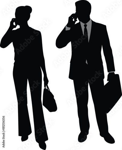 Silhouettes of business man and woman talking on mobile phones, communication concept, professional corporate lifestyle illustration scene