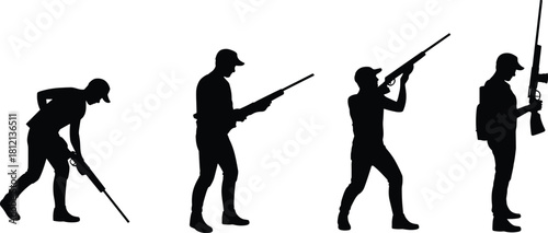 Silhouettes of hunters holding rifles in different poses, outdoor hunting activity concept, sportsman illustration scene collection