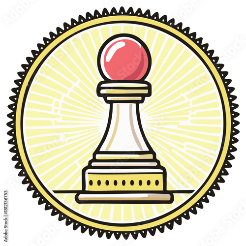 Stylized chess pawn illustration in yellow sunburst circle with decorative border