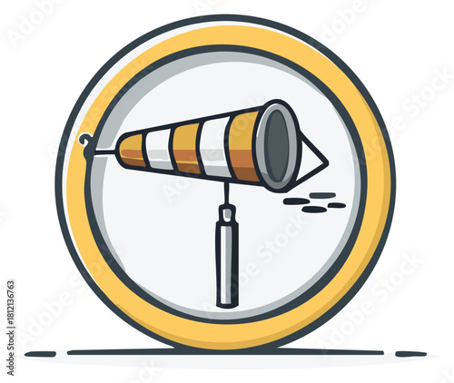 Bright striped windsock illustration detecting air direction and velocity inside a clean circular icon.