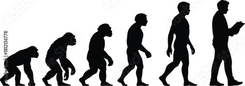 Silhouettes showing human evolution from primate to modern person walking with book, progression development concept illustration scene