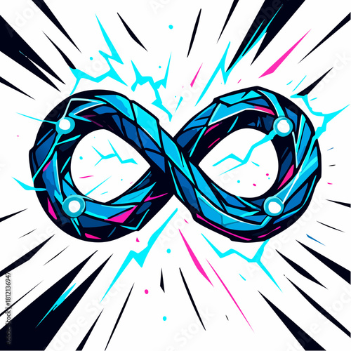 Abstract Tech-Manga Infinity Loop Vector — Futuristic Geometric Continuity Symbol with Dynamic Flux Lines (White Background)