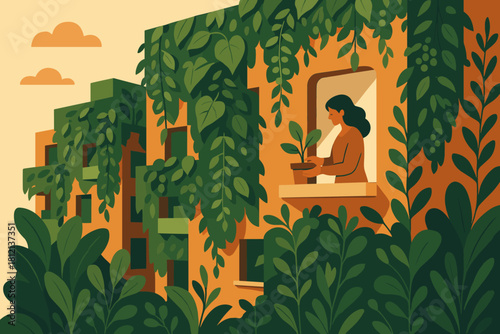 Abstract facade growing colors flat urban cohesive no captions icon forming garden