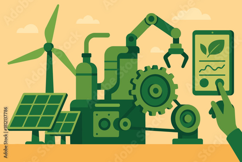 Icon automated machinery characters green labels bubbles illustration letters speech modern vector