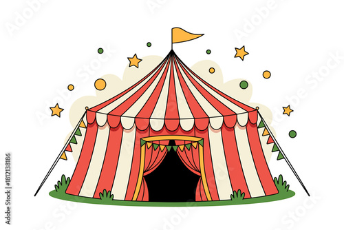 Red and white striped circus tent illustration, festive design