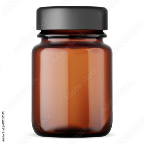 Amber glass bottle mockup. Broun medicine packaging container, isolated vector illustration. Pharmacy drug jar template with black screw lid. Supplement pill vial, beauty vitamin product