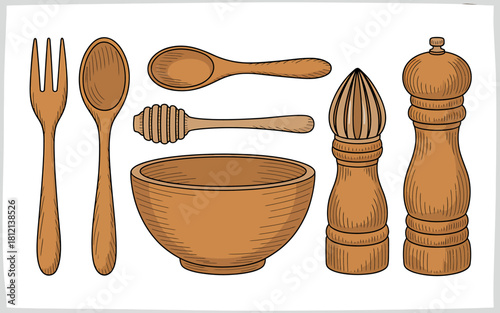 Wooden kitchen utensils set: fork, spoon, bowl, juicer, mill