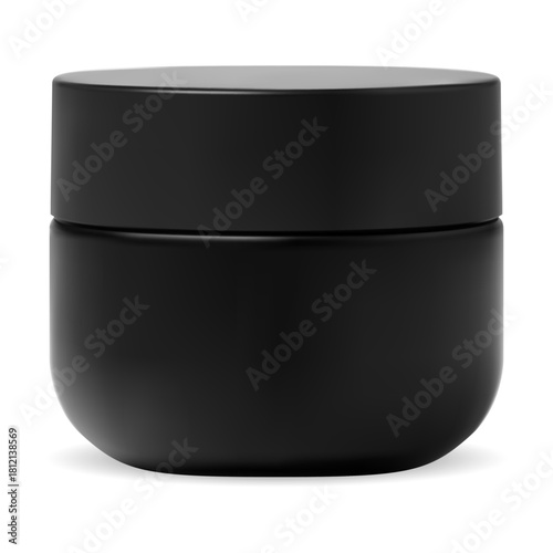 Black plastic jar blank. Cosmetic cream container isolated mockup template. Realistic round package for face skin powder or body gel. Moisturizer cosmetics packaging template, creme butter