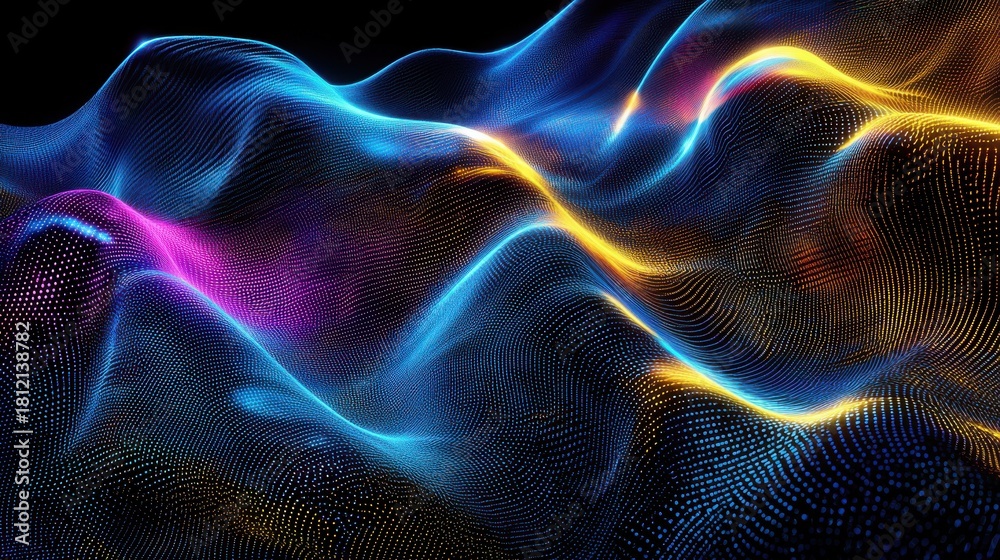 Obraz premium Holographic reconstruction waves flowing particle mesh vibrant cyan magenta golden yellow laser interference patterns digital visualization dark background abstract energy