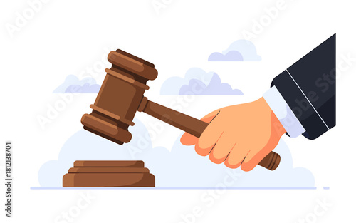 Judge's hand striking wooden gavel on block symbolizing justice law