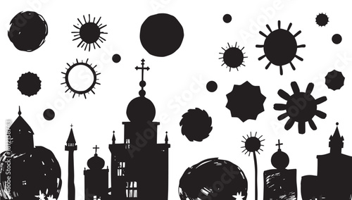 Whimsical cityscape silhouette art, perfect for creative projects, children's books, and unique design accents for a touch of playful charm