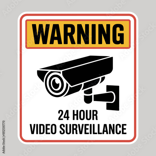 Warning 24-hour video surveillance sign, security camera symbol