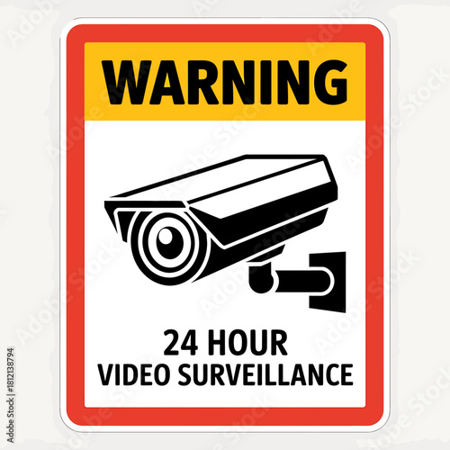 Warning sign with 24 hour video surveillance camera icon