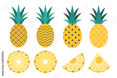 Colorful cartoon pineapple collection with whole fruit and slices