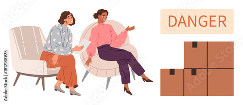 Two women converse while seated in chairs near stacked boxes labeled Danger. Ideal for communication, teamwork, awareness, safety, logistics, risk management, decision-making. Simple flat metaphor