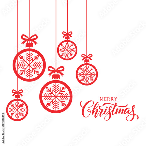 Festive red and white Christmas vector design featuring hanging baubles filled with snowflakes and smaller hanging snowflakes, accompanied by white "Merry Christmas" script calligraphy. Ideal for gree