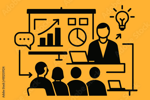 Clean presentation desk icon vector team shapes bold speech minimalist arrows visuals