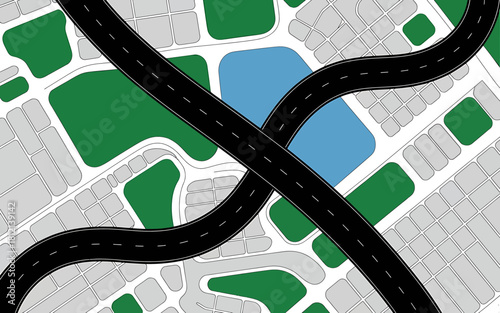Simplified urban map featuring roads, green spaces, and water