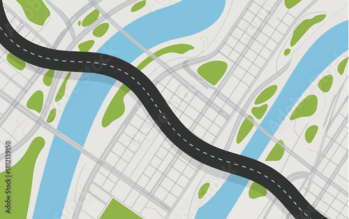 Overhead city map with winding road, river, green parks, and streets