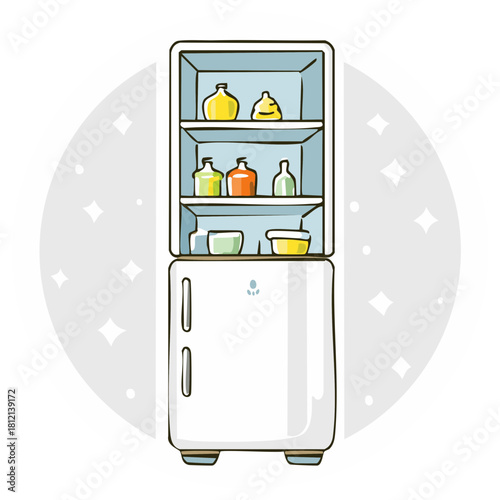 Cartoon illustration of a clean retro refrigerator open and full of food containers and bottles