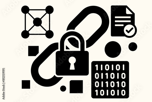 Encrypted icon shapes digital vector blockchain security style chain minimalism nodes network