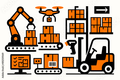 Automation illustration robotic screens arms vector barcode inventory icon minimal warehouse background
