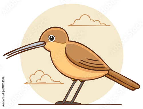 Vector illustration of a brown bird with an elongated beak standing in profile