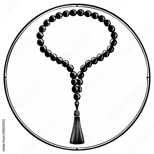 Black Prayer Beads with Tassel in Circular Frame