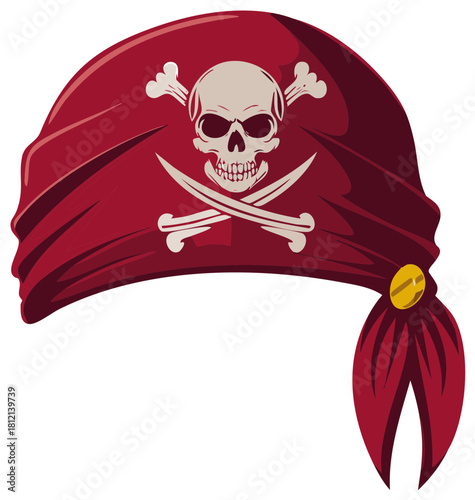 Vibrant red pirate head wrap featuring classic skull and crossed swords symbol with a gold coin