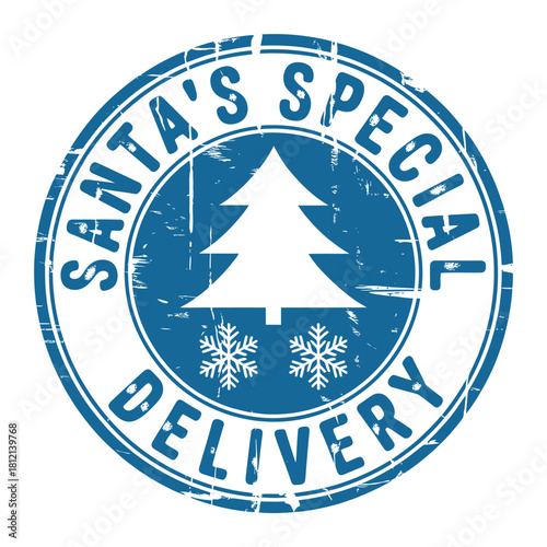 Santa s special delivery christmas stamp with tree and snowflakes