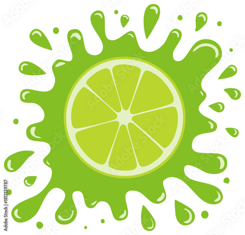 Cartoon illustration of a lime slice splashing fresh juice with droplets