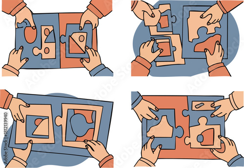 Multiple hands assembling puzzle pieces together illustrating teamwork and problemsolving.