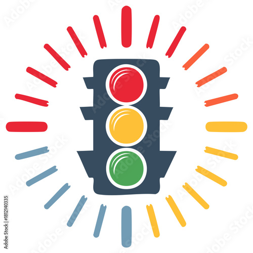Dynamic traffic light icon with active red, yellow, green signals and bright colorful rays