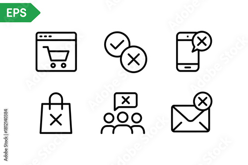 Digital error and cancel icon set: e-commerce, communication, mobile failures.