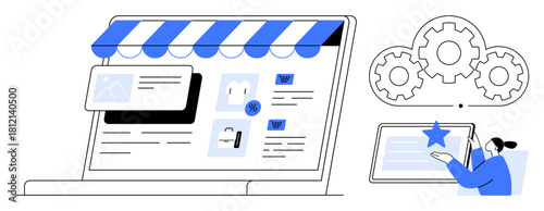 Laptop screen displaying an online shop interface with product options, discount tag, cloud settings gear, and individual customizing content on a tablet. Ideal for business, digital marketing