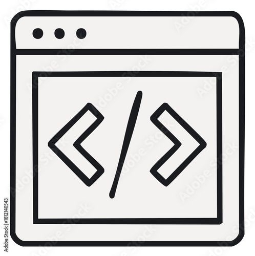 Hand drawn coding icon on a computer screen with angle brackets and a slash