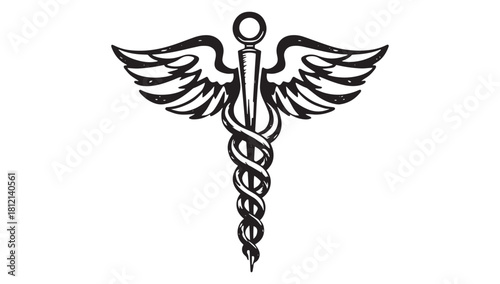 Hand-Drawn Caduceus Symbol for Medical Design Projects, Black and White Health Icon, Perfect for Healthcare Branding, Clinic Logos and Doctor's Office Decor