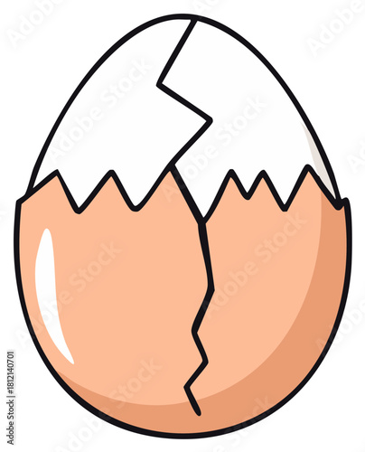 Cartoon cracked eggshell illustration, depicting a broken chicken egg with a light brown shell