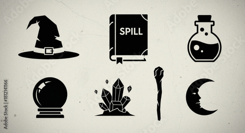 Brutalist Magic Icon Set with Wizard, Spellbook, and Mystic Symbols