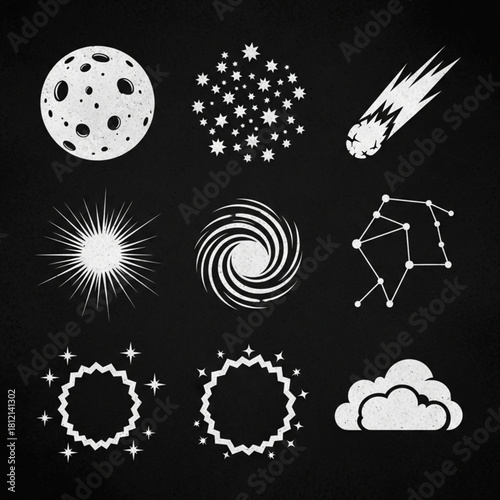 Brutalist Starry Night Icon Set with Moon, Stars, and Cosmic Silhouettes
